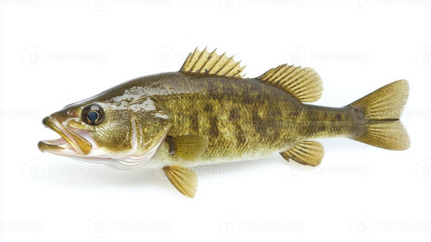 smallmouth bass displays its distinctive coloration and features while resting on a clean white surface highlighting its intricate details and texture. photo