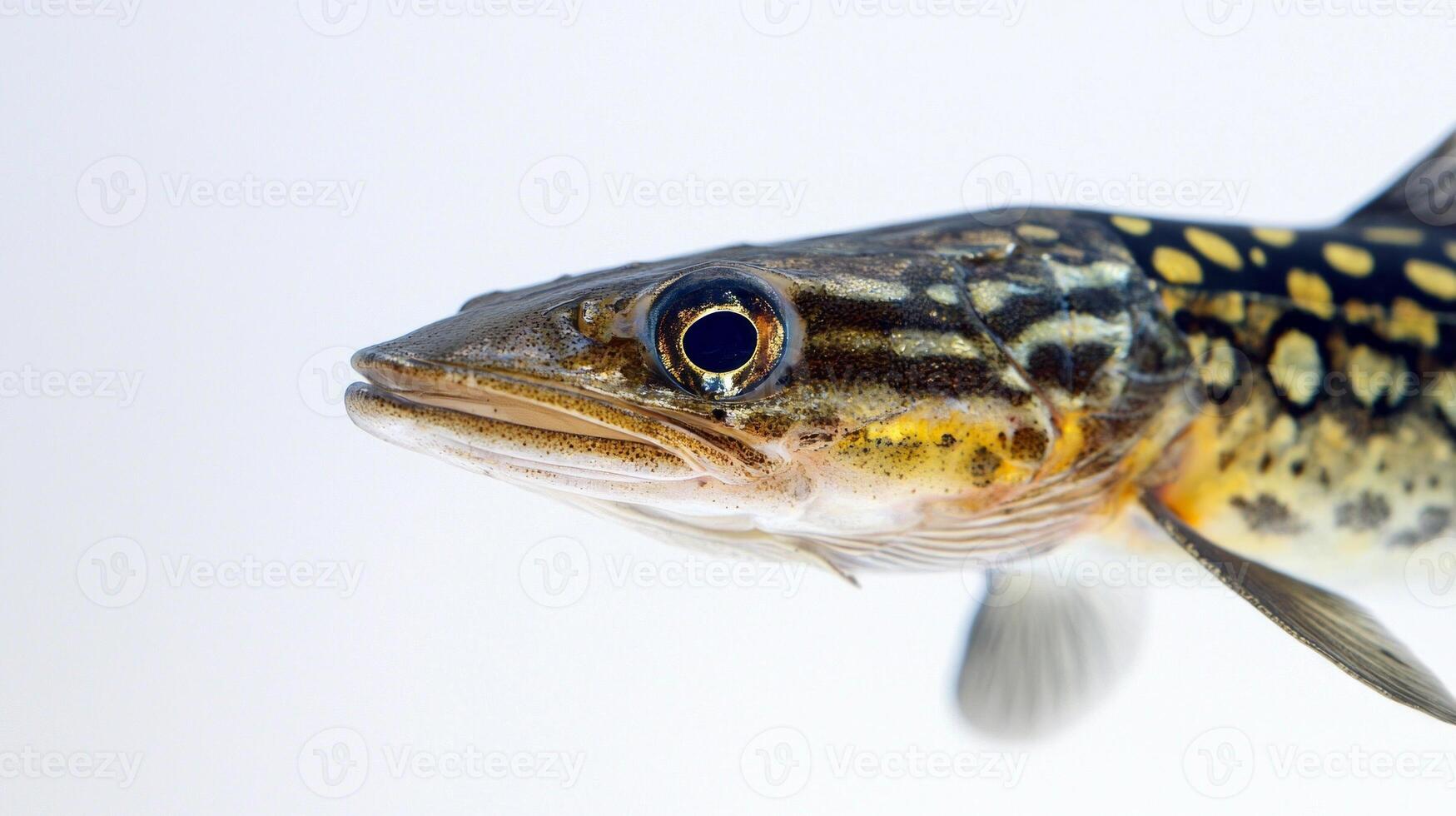 Spotted Gar Lepisosteus oculatus is displayed prominently highlighting its distinctive spots and elongated form set against a stark white background. photo