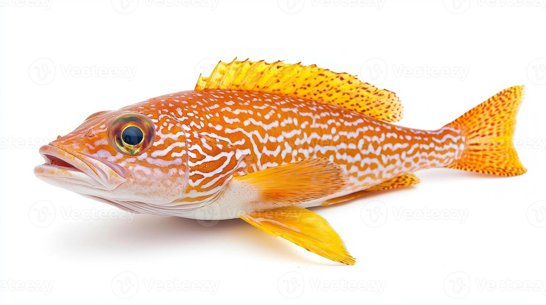 Tilefish species known for its striking orange and yellow hues is displayed against a pristine white backdrop highlighting its distinct features and patterns beautifully. photo