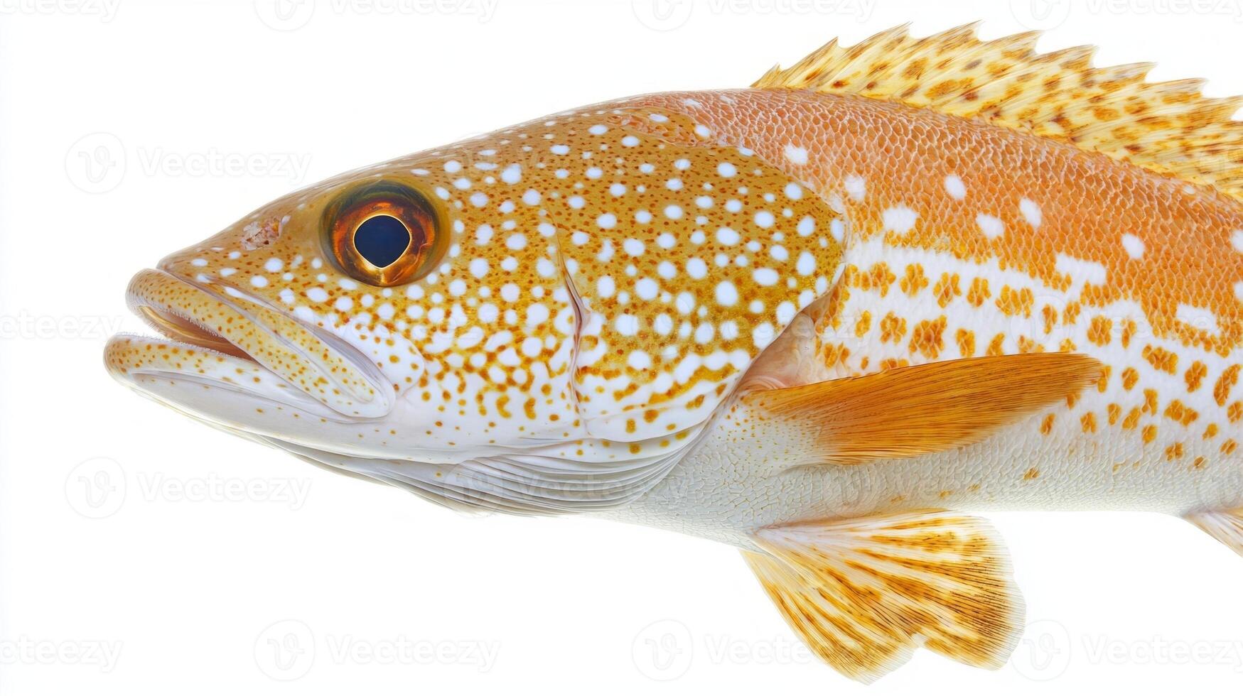 Tilefish showcases its vibrant colors and unique skin patterns against a stark white background highlighting its distinct features and marine characteristics. photo