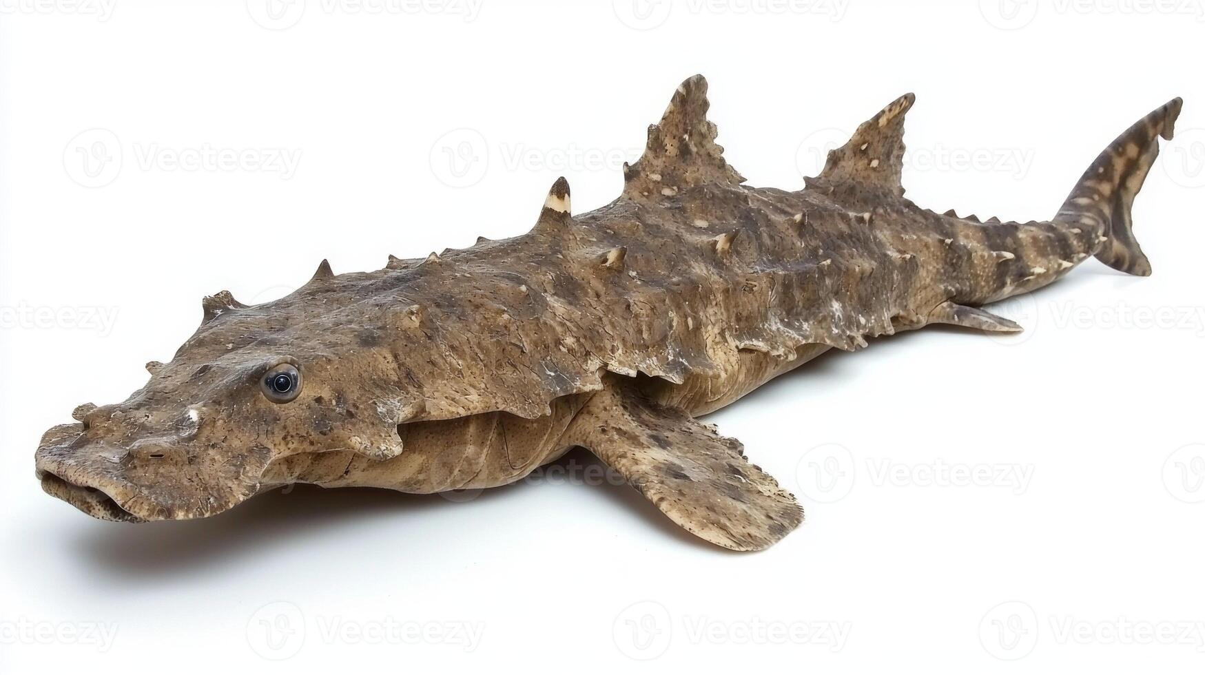 Wobbegong Shark known for its distinctive camouflaging patterns and textures is displayed against a plain white background highlighting its fascinating features and shape. photo