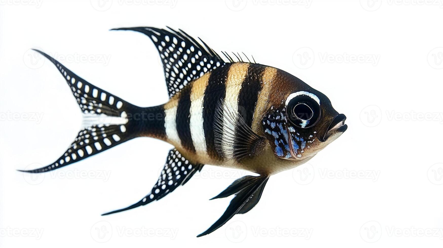 Banggai Cardinalfish displays its vibrant black and white stripes captivatingly gliding through clear water in a pristine isolated setting. photo