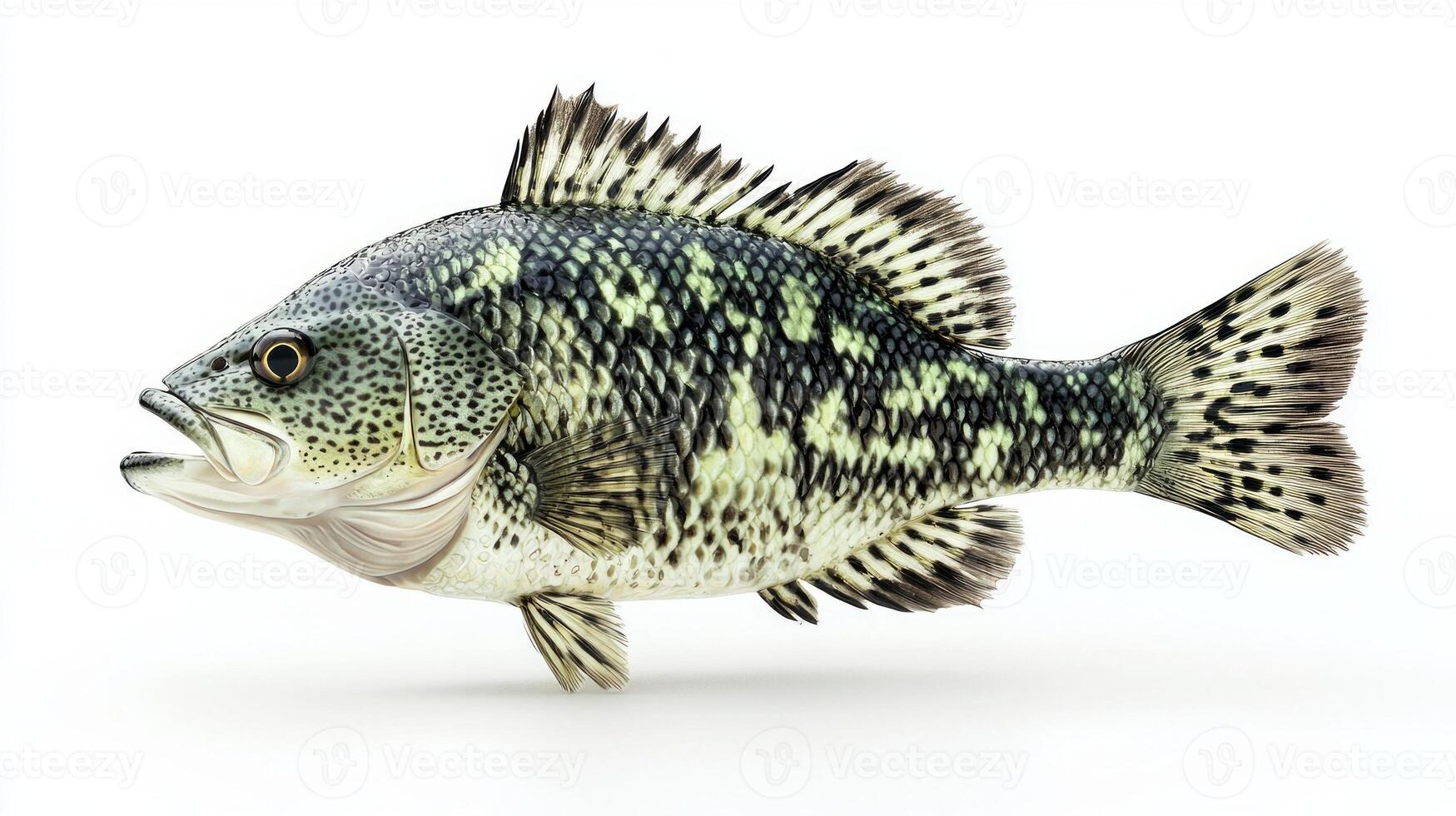 Black Crappie glides gracefully with its unique spotted body. Its fins and scales shimmer against a pristine white background highlighting its intricate details. photo