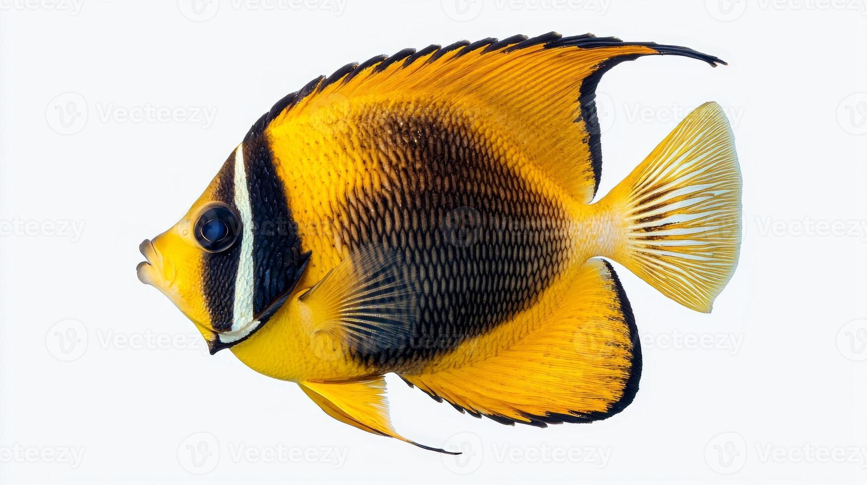 butterflyfish displays its vibrant yellow and black hues while resting motionlessly on a clean white background highlighting its bright patterns and unique shape. photo