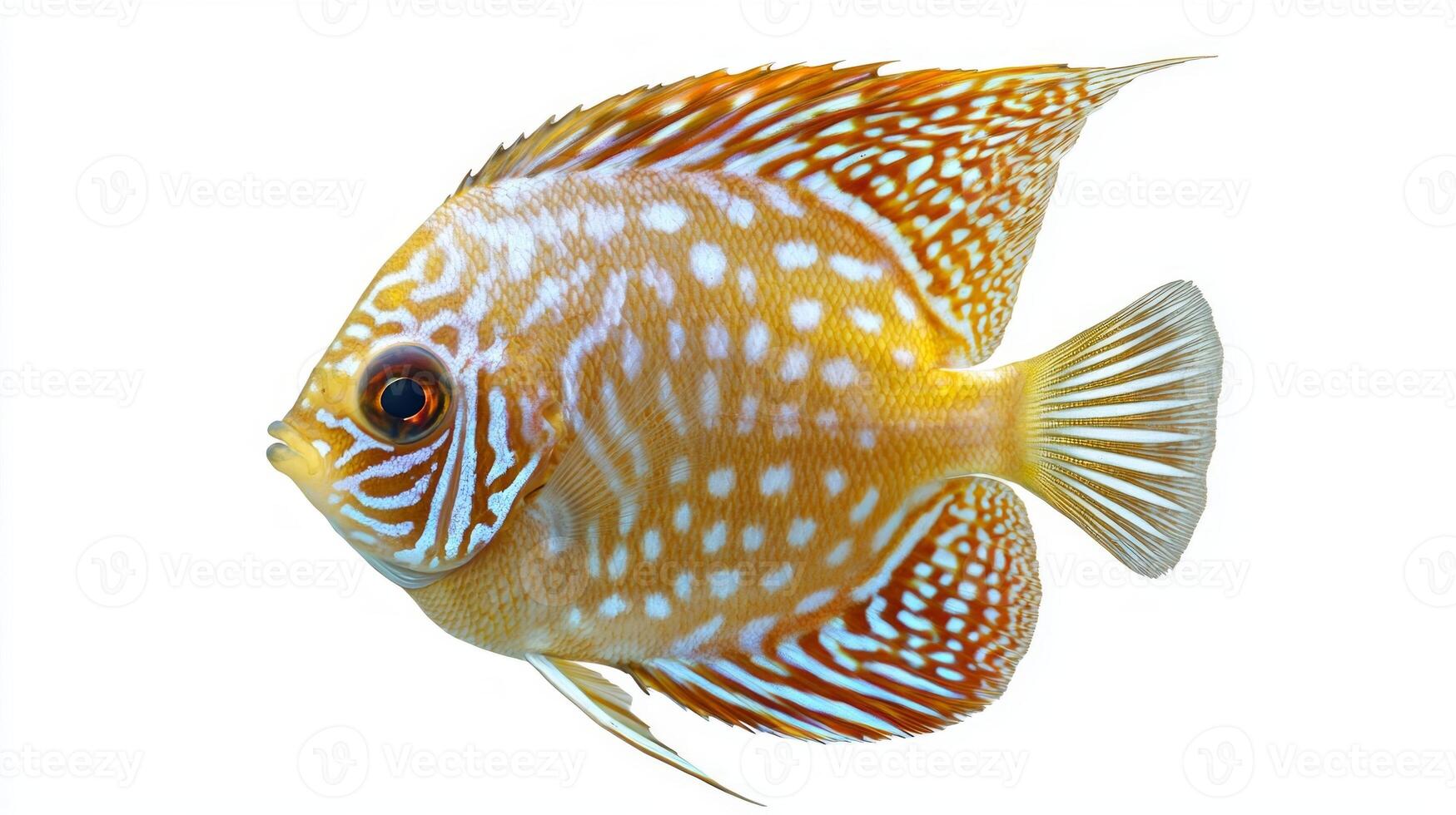 discus fish displays stunning coloration and unique patterns swimming gracefully in an isolated setting. Its radiant features highlight its aquatic beauty. photo