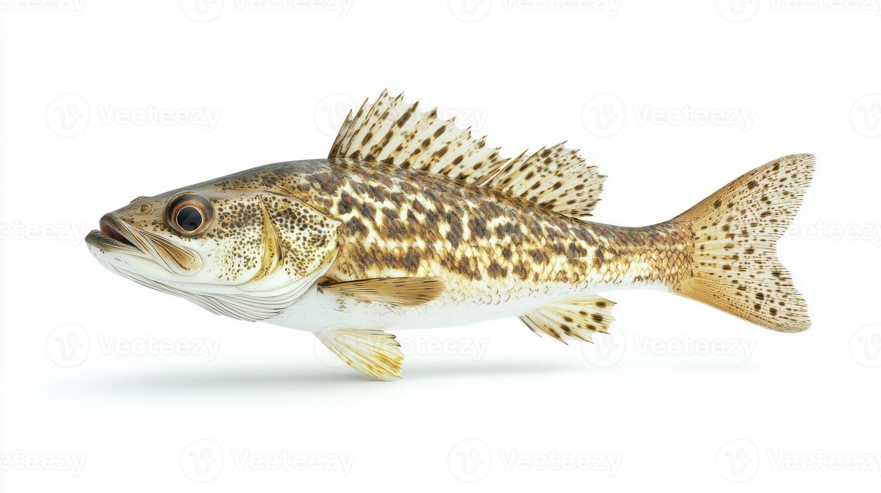 four eyed fish displays its distinct anatomy and vibrant coloration while swimming gracefully. The white background highlights its unique features and textures clearly. photo