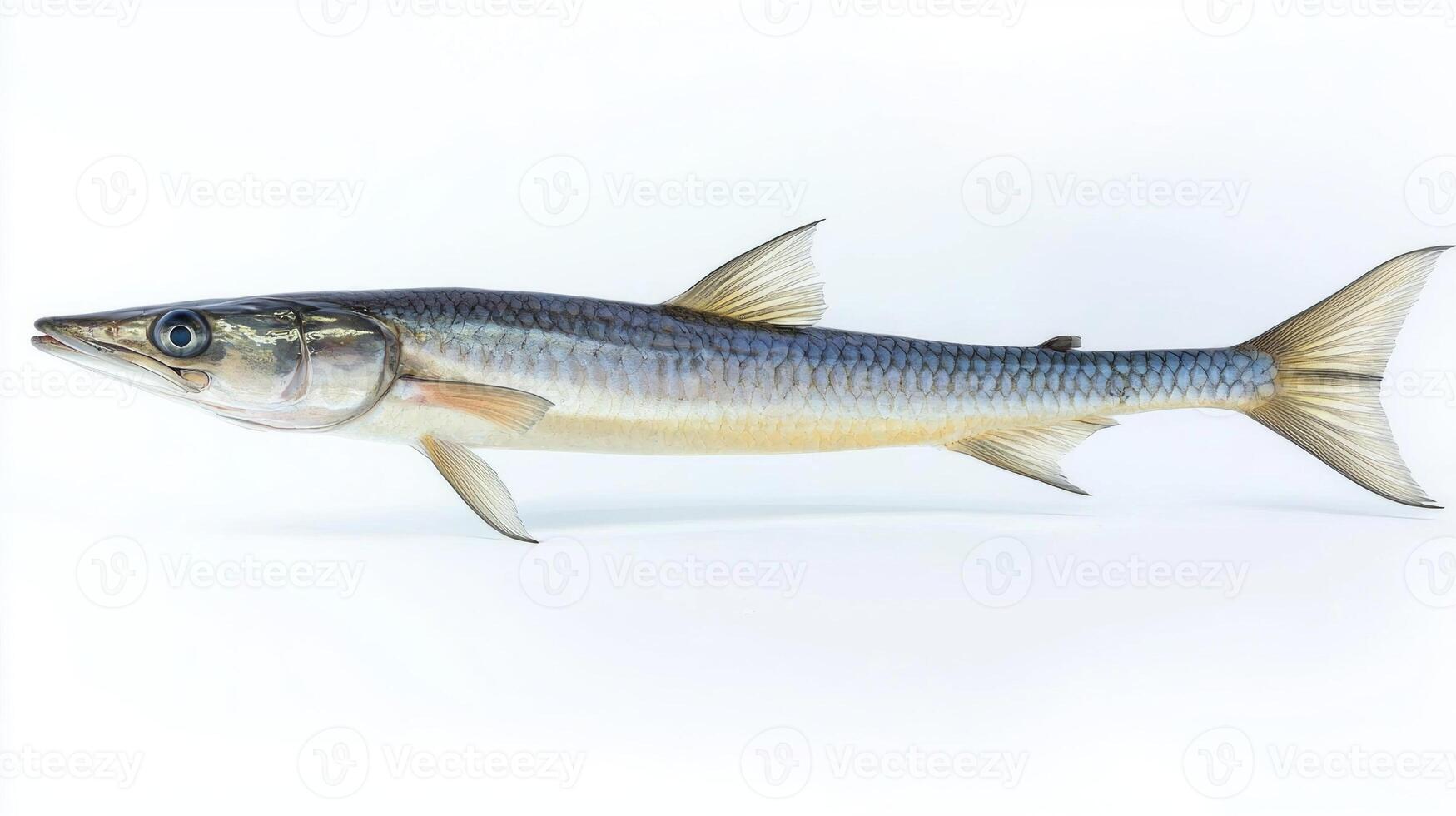 Garfish known scientifically as Belone belone displays its elongated body and vibrant coloration emphasizing its unique characteristics. The fish is depicted in a studio like setting. photo