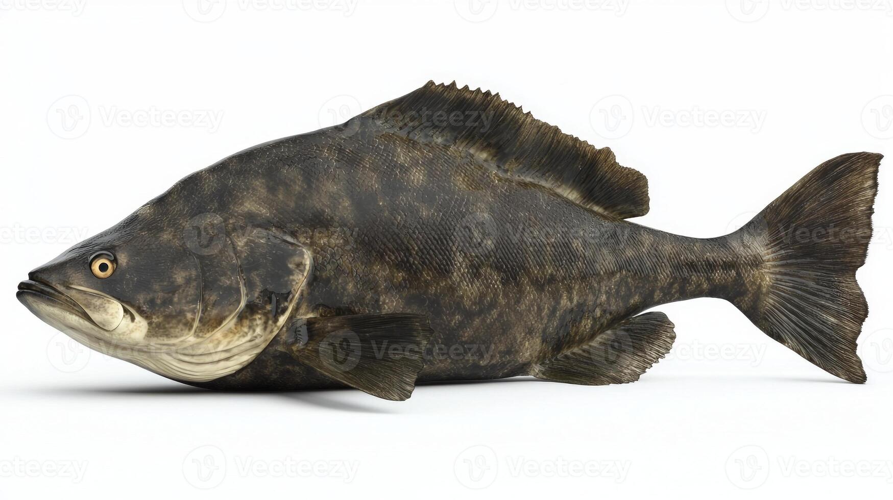 Halibut a flatfish known for its distinctive shape and color is presented against a clean white background. It highlights the fishs unique anatomy and texture clearly. photo