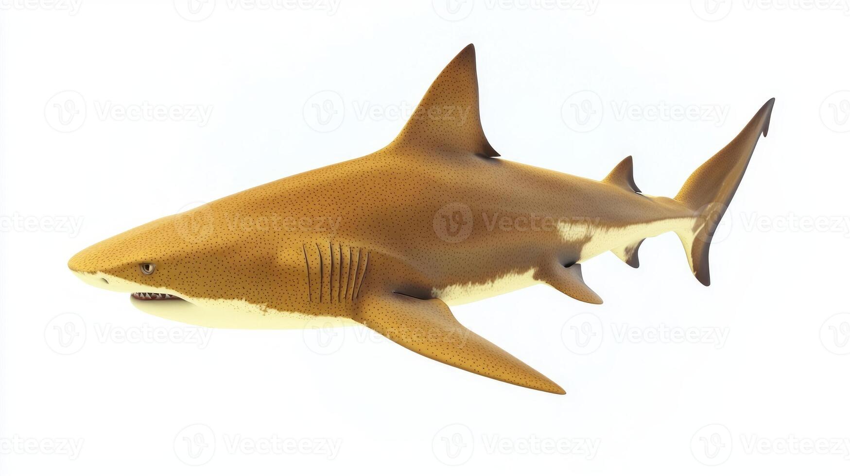 Lemon Shark is showcased in a lifelike manner exhibiting its distinct yellow brown coloration and streamlined body against a white background. photo
