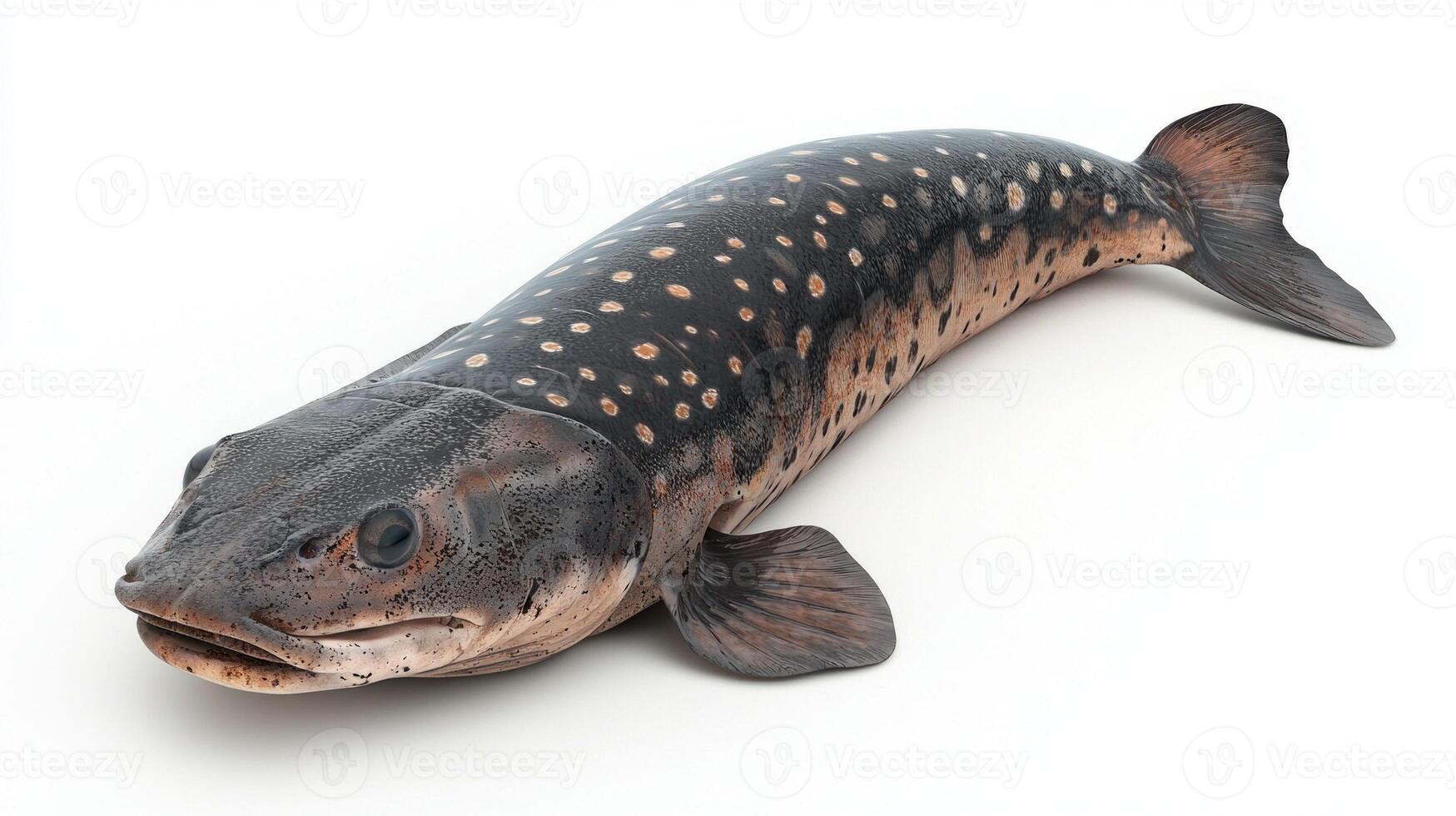 isolated depiction highlights the unique characteristics of the Lungfish Dipnoi revealing its smooth skin spotted pattern and well defined fins. photo