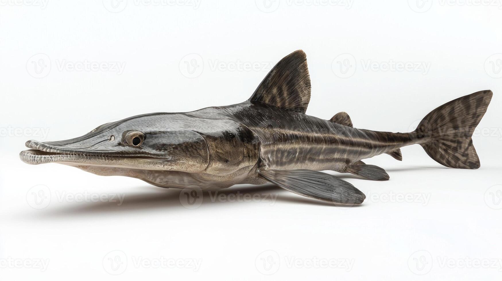 Paddlefish lies on a pristine white background showcasing its elongated snout and sleek body. This unique species is known for its streamlined shape and fascinating habits. photo