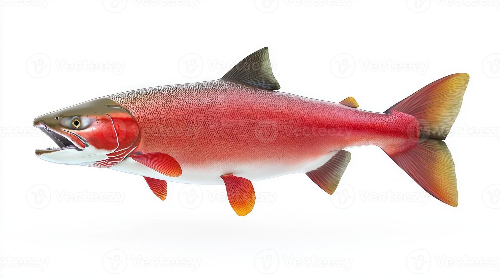 pink salmon distinguished by its striking coloration and unique physical characteristics is portrayed prominently against a clean white backdrop emphasizing its beauty. photo