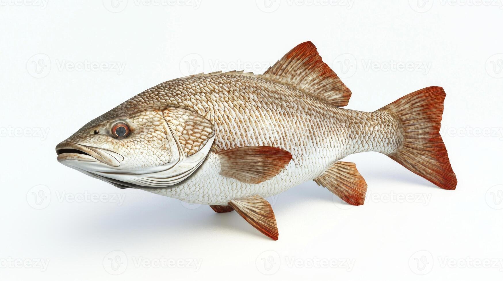 Displaying a red drum also known as Sciaenops ocellatus this representation highlights its distinctive coloration and shape against a stark white background emphasizing its intricate features. photo