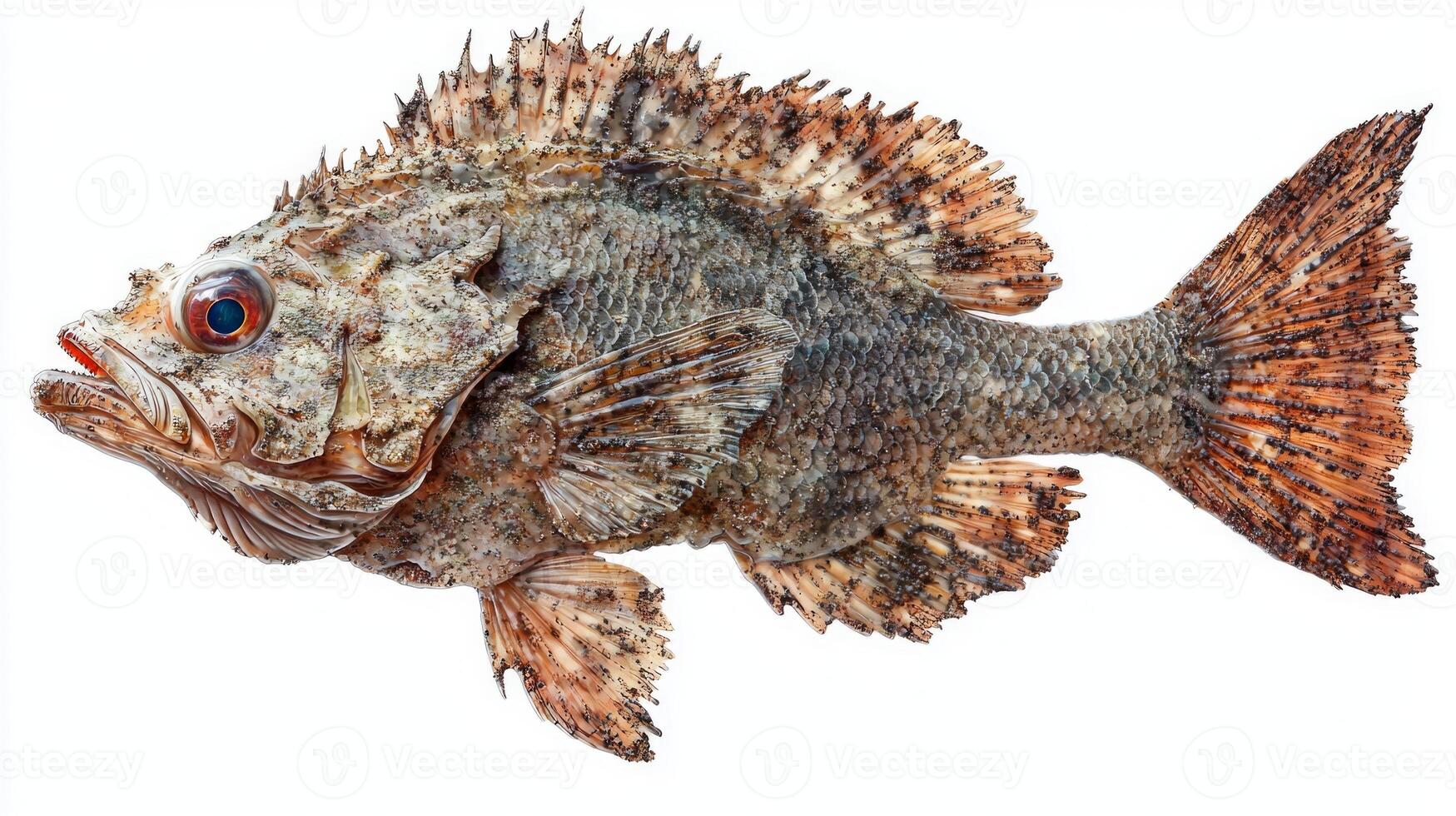 striking Stonefish displays its intricate textures and coloration highlighting its adaptations for camouflage in marine environments. Its formidable appearance captures attention. photo