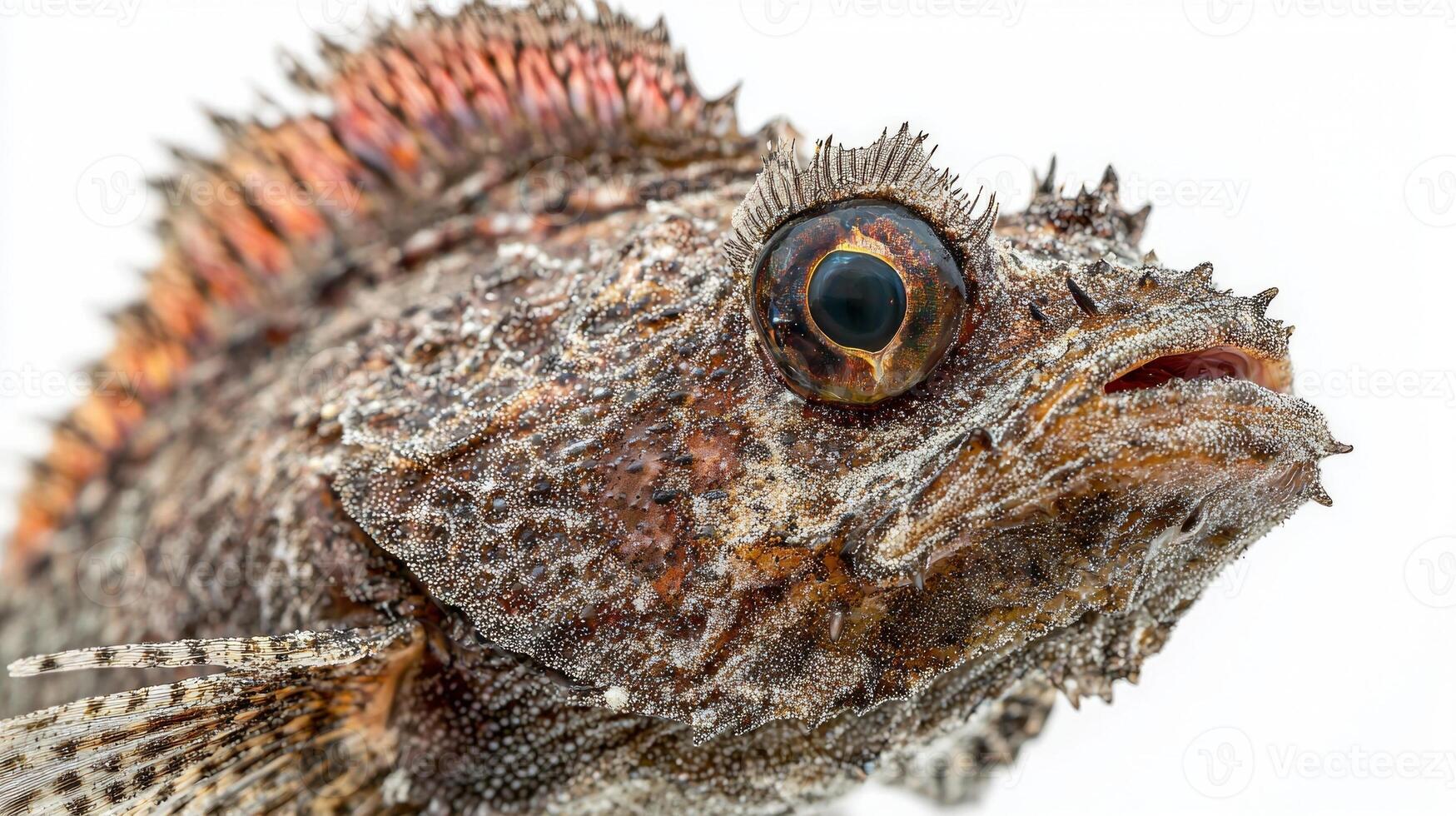 Stonefish known for its camouflaged appearance and venomous spines is captured in detail highlighting its unique features against a bright background. photo