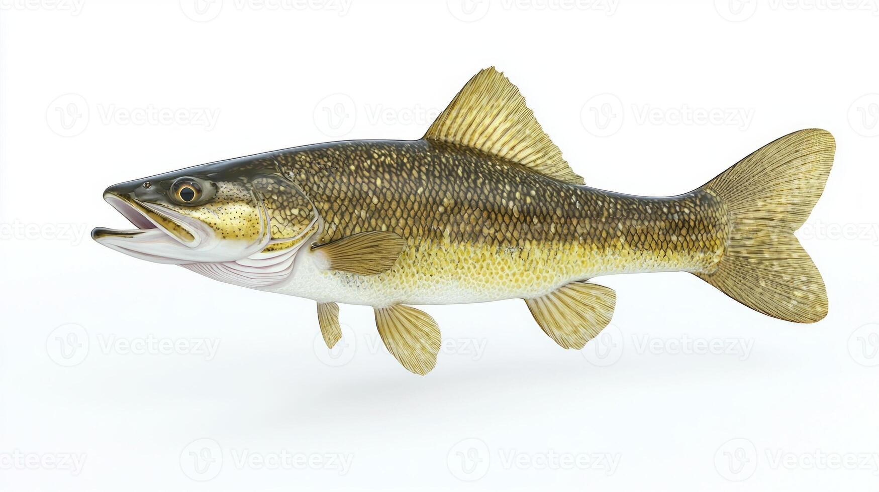 Walleye identified as Sander vitreus displays vibrant colors and unique physical traits. It swims gracefully against a clean white background emphasizing its beauty. photo