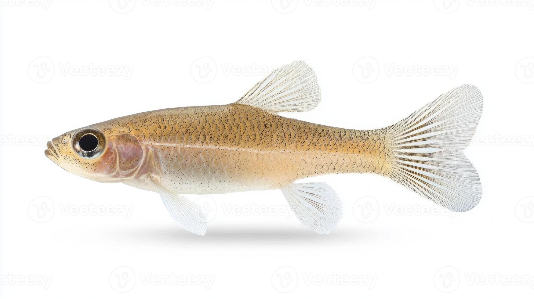 vibrant White Cloud Mountain Minnow captured in stunning detail gliding through the water with its characteristic silvery body and flowing fins against a white backdrop. photo