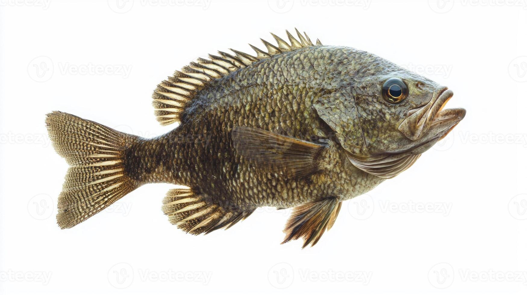 Tripletail scientifically known as Lobotes surinamensis is depicted against a clean white backdrop emphasizing its unique scales and fins in photorealistic detail. photo