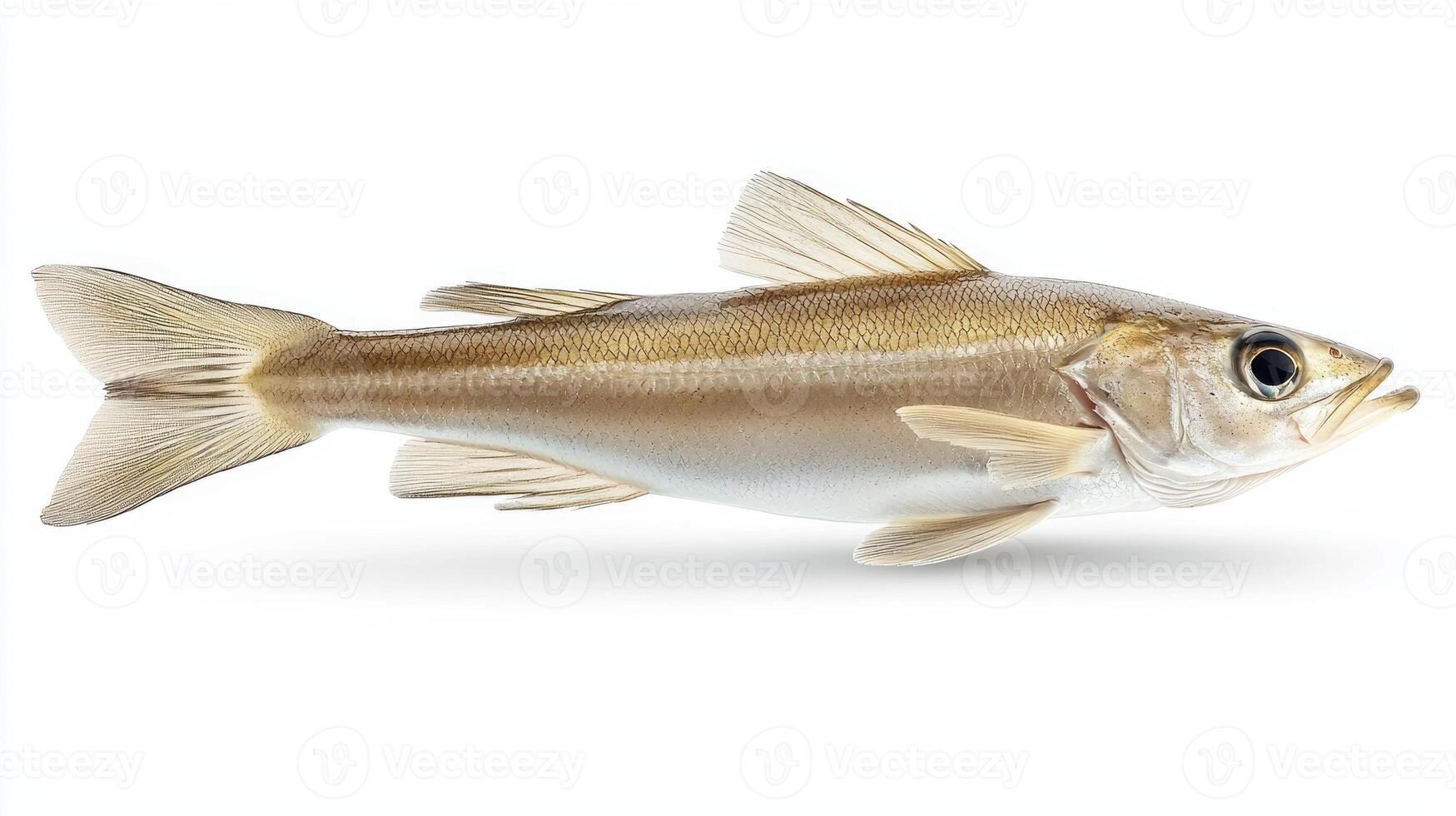whiting fish Merlangius merlangus is showcased against a clean white backdrop emphasizing its slender body fins and distinctive coloration. photo