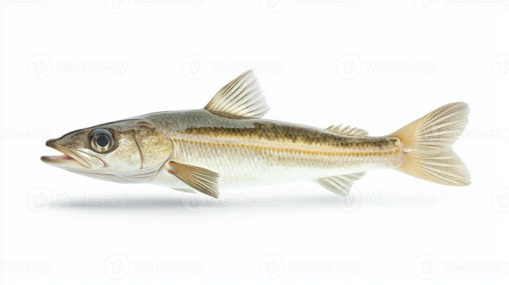 Whiting scientifically known as Merlangius merlangus is displayed prominently against a white background highlighting its unique features and details. photo