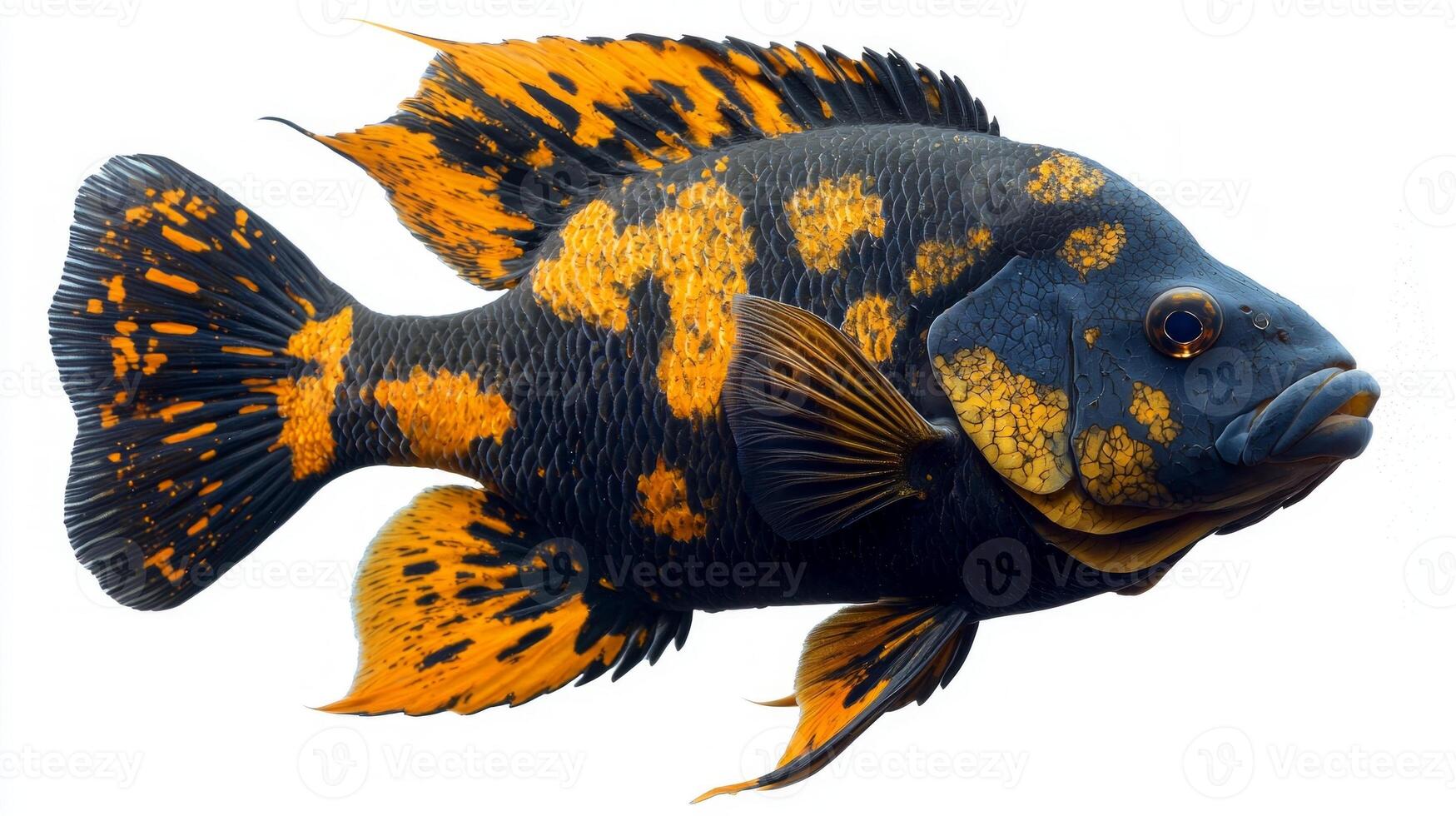 Oscar Fish displays a stunning combination of black and orange hues highlighting its unique spots as it glides through the water. Its vibrant colors make it an eye catching aquarium inhabitant. photo