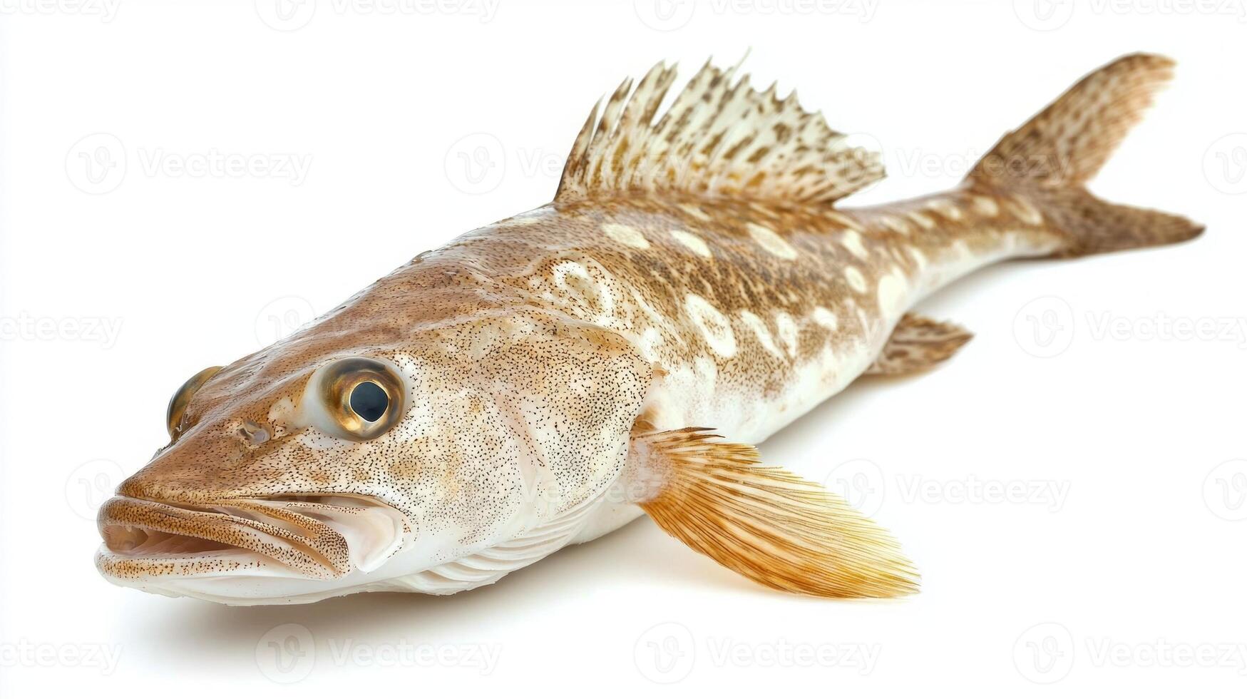 Atlantic cod Gadus morhua prominently displayed with clear details highlighting its texture colors and fin characteristics against a plain white background emphasizing its natural beauty. photo