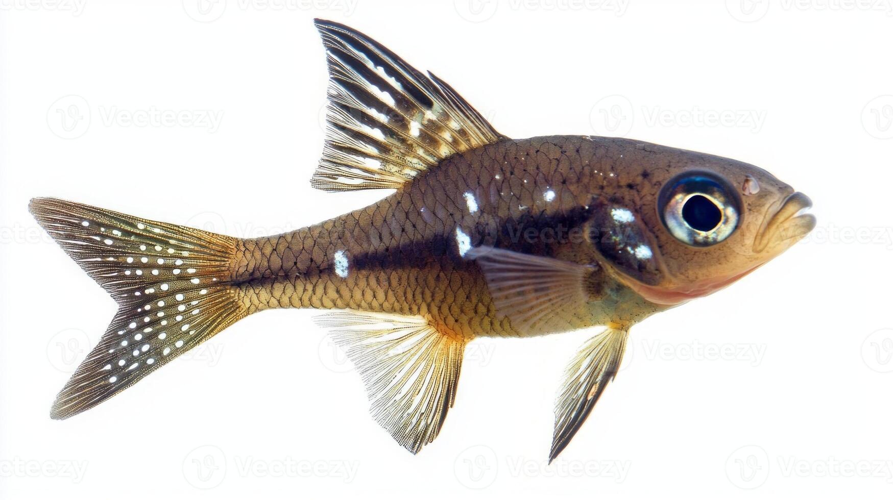 Cardinalfish belonging to the Apogonidae family displays its striking colors and unique body shape while isolated on a white backdrop highlighting its natural beauty. photo