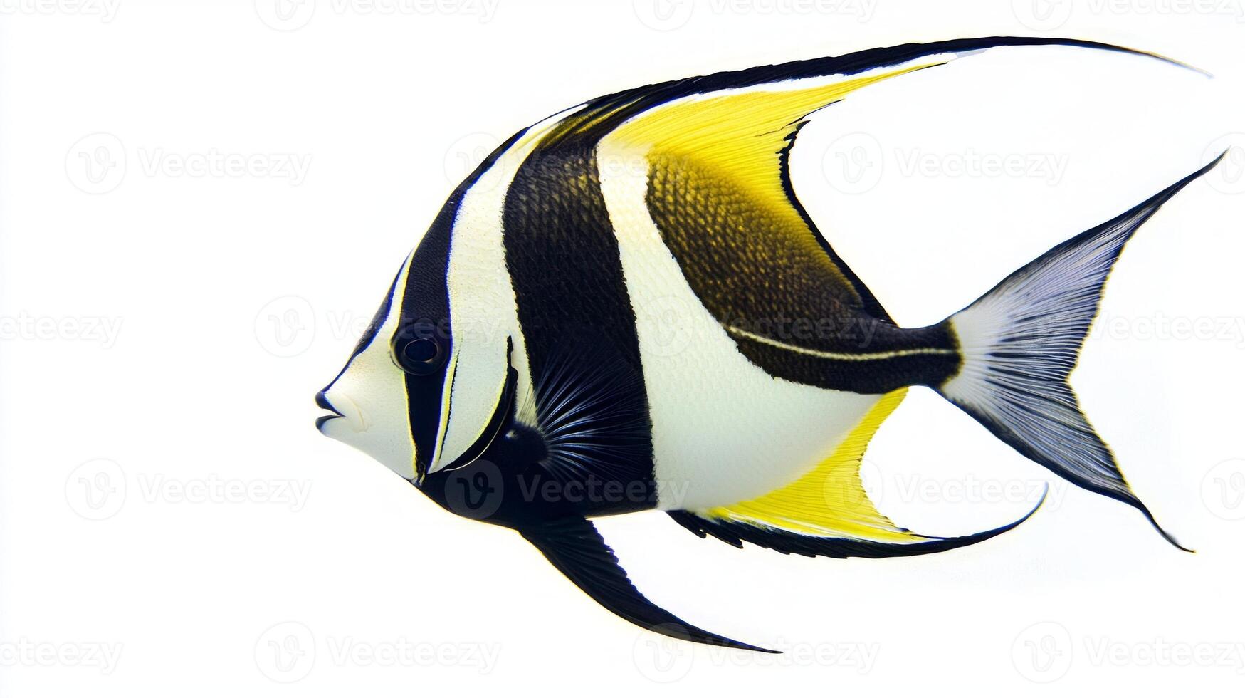 Moorish Idol a colorful marine fish swims elegantly in clear waters showcasing its distinctive black white and yellow coloration against a bright white backdrop. photo