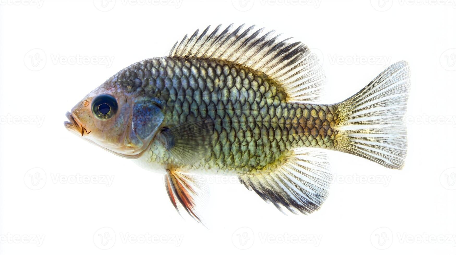 sharp portrayal of a Tilapia Oreochromis niloticus highlighting its intricate scales and vibrant colors against a clean white backdrop reflecting its aquatic beauty. photo