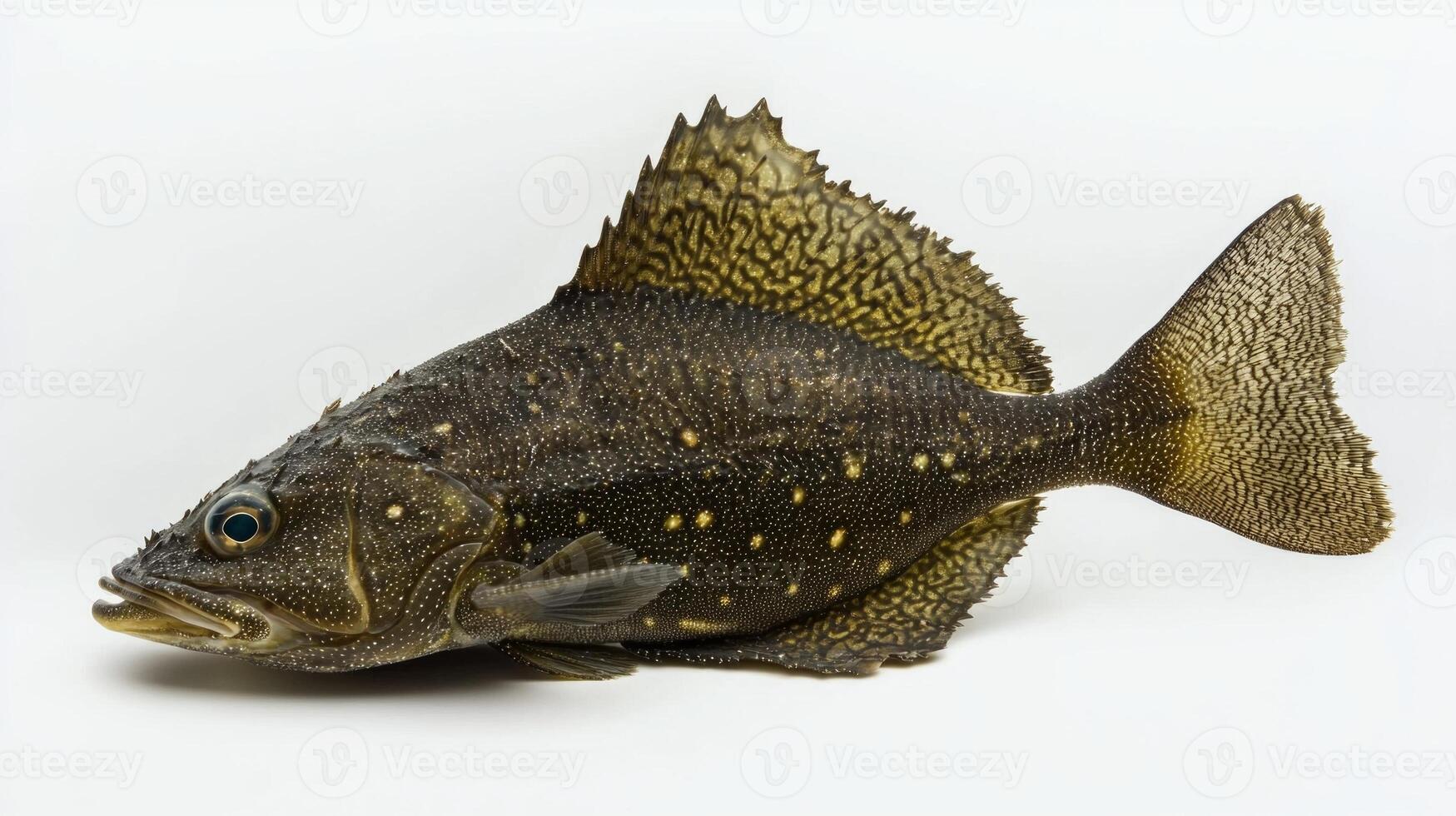 Turbot a flatfish known for its unique shape and coloration is displayed prominently against a white backdrop highlighting its scales and features. photo