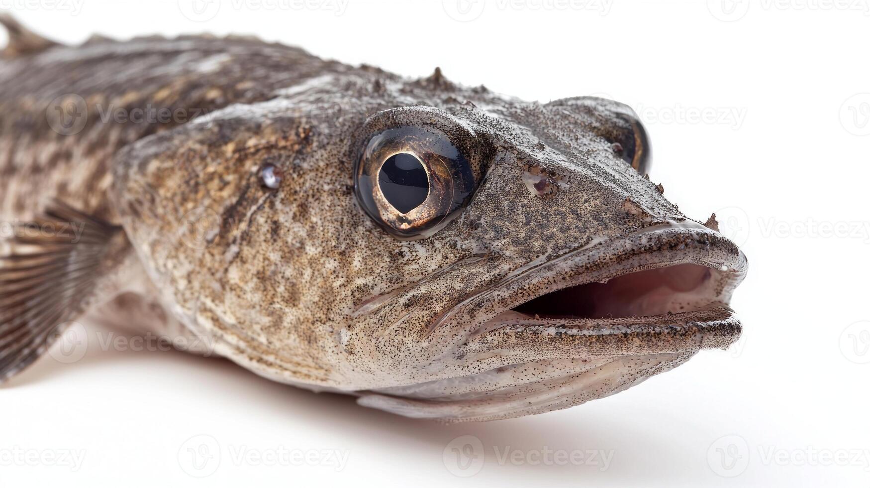 Wolf Fish Anarhichas lupus displayed prominently on a white background highlighting its distinct features and texture emphasizing its unique characteristics found in aquatic habitats. photo