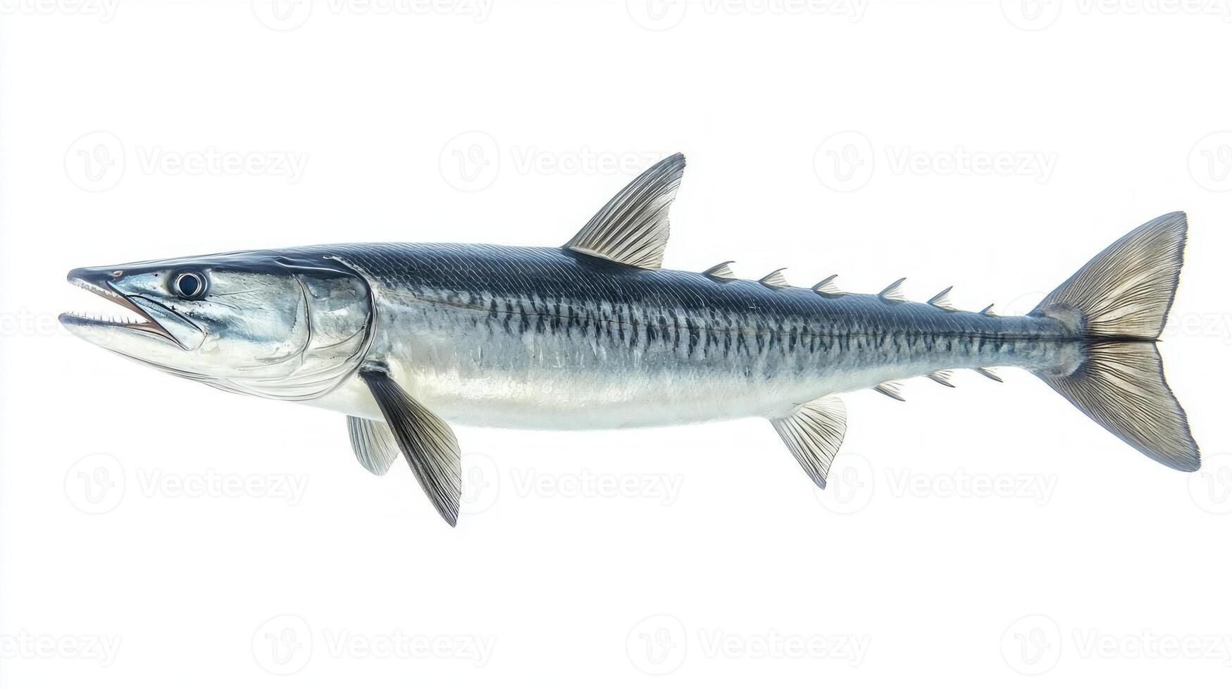 barracuda with its distinctive shape and sharp teeth is captured in sharp detail highlighting its agility and predatory nature against a white backdrop. photo