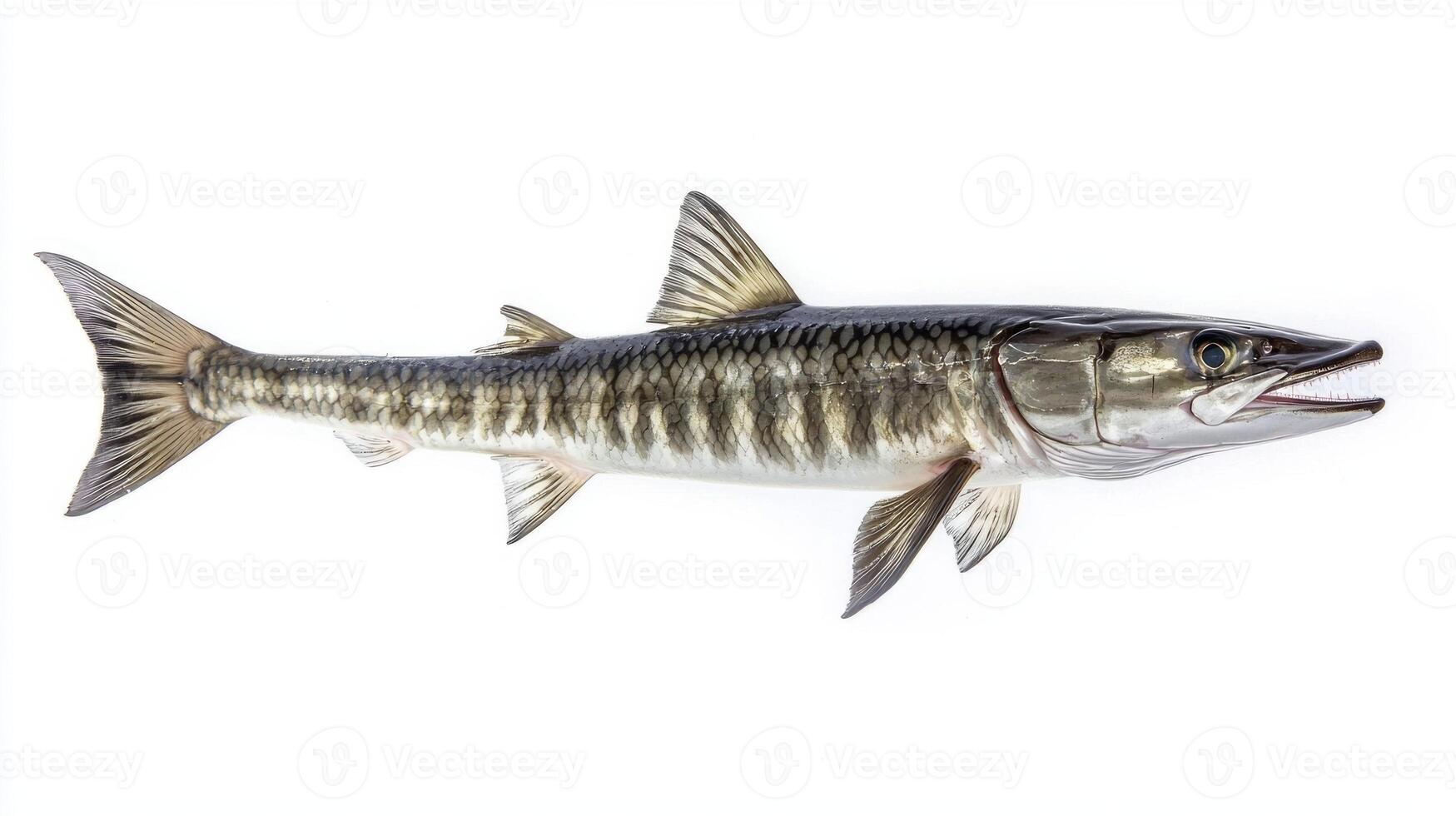 barracuda displays its distinct elongated body and sharp teeth highlighting the features that define this predatory fish species in a striking manner. photo