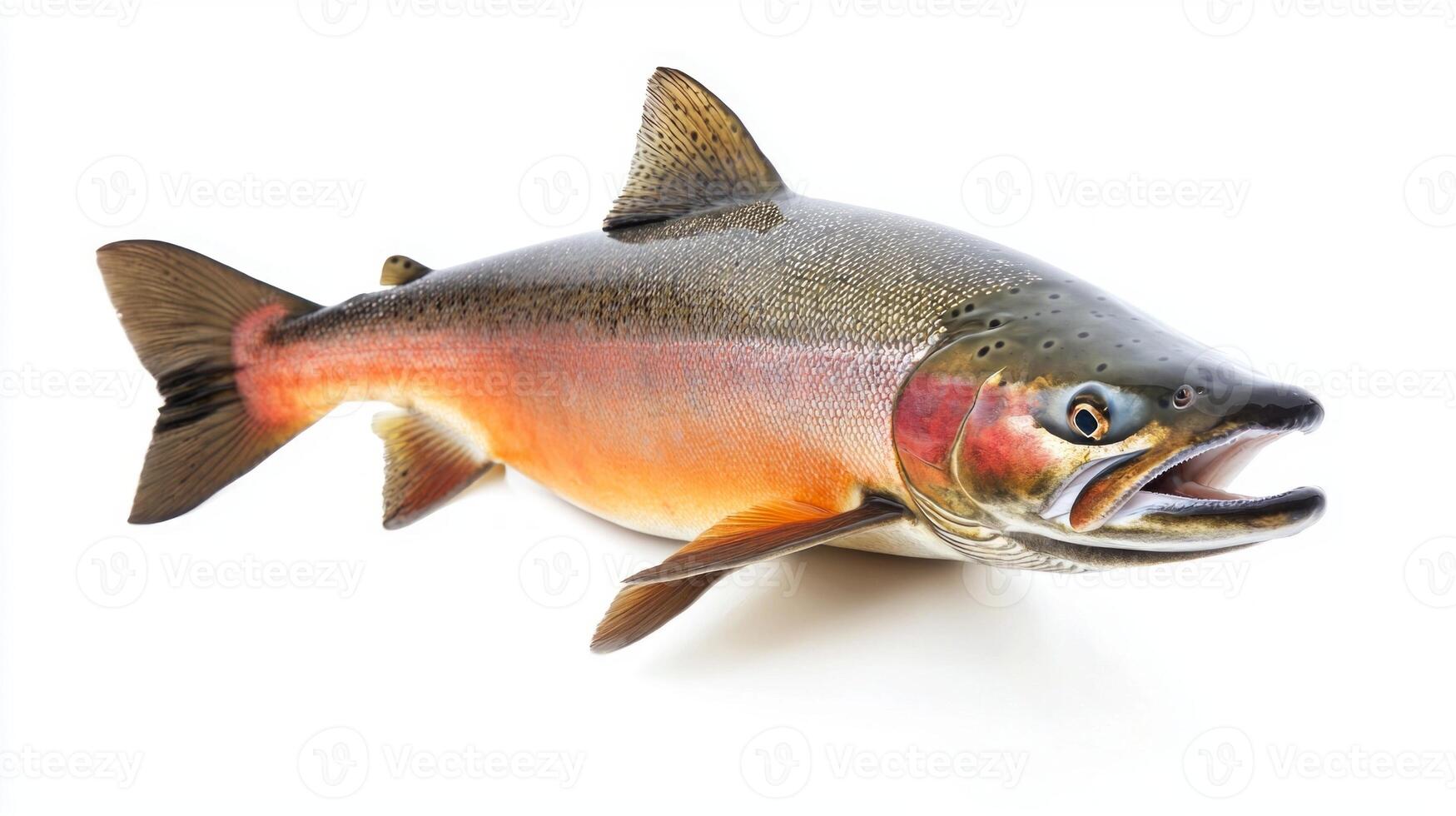 captivating display features a Chum salmon Oncorhynchus keta on a stark white background highlighting the fishs vibrant colors and striking physical characteristics. photo