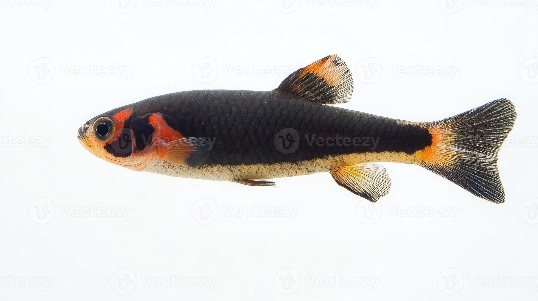 Clown Knife Fish scientifically known as Chitala ornata displays its vibrant colors against a plain white background highlighting its unique body shape and markings. photo