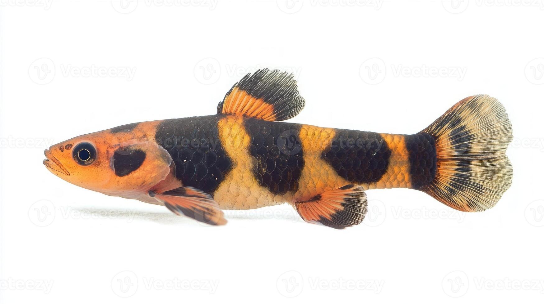 striking Clown Loach showcases its vibrant patterns and colors. Captured in sharp detail it highlights the fishs unique features and swimming posture against a clean background. photo
