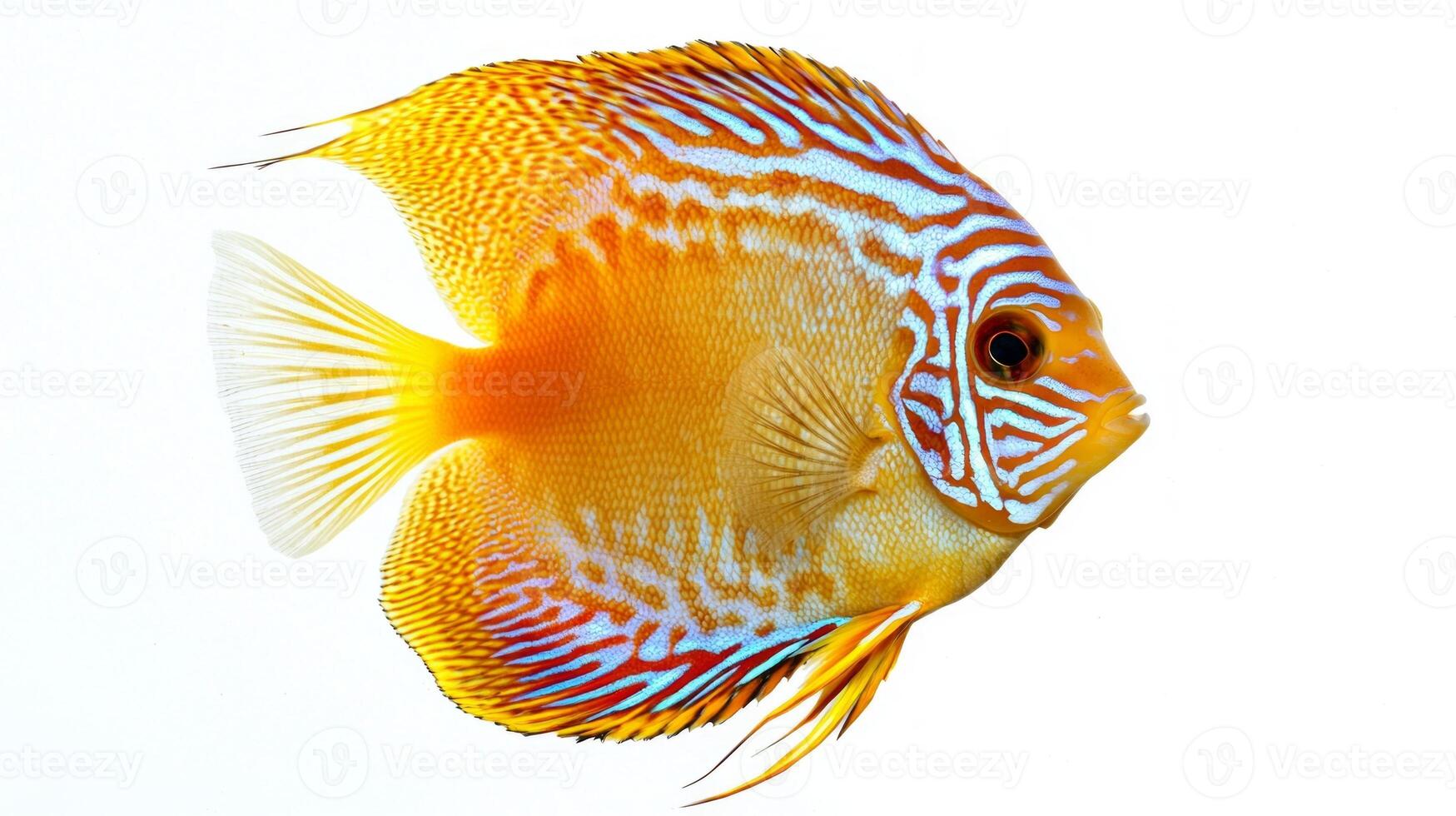 discus fish displays brilliant hues of orange and blue against a stark white backdrop highlighting its intricate patterns. Its a beautiful representation of aquatic life. photo