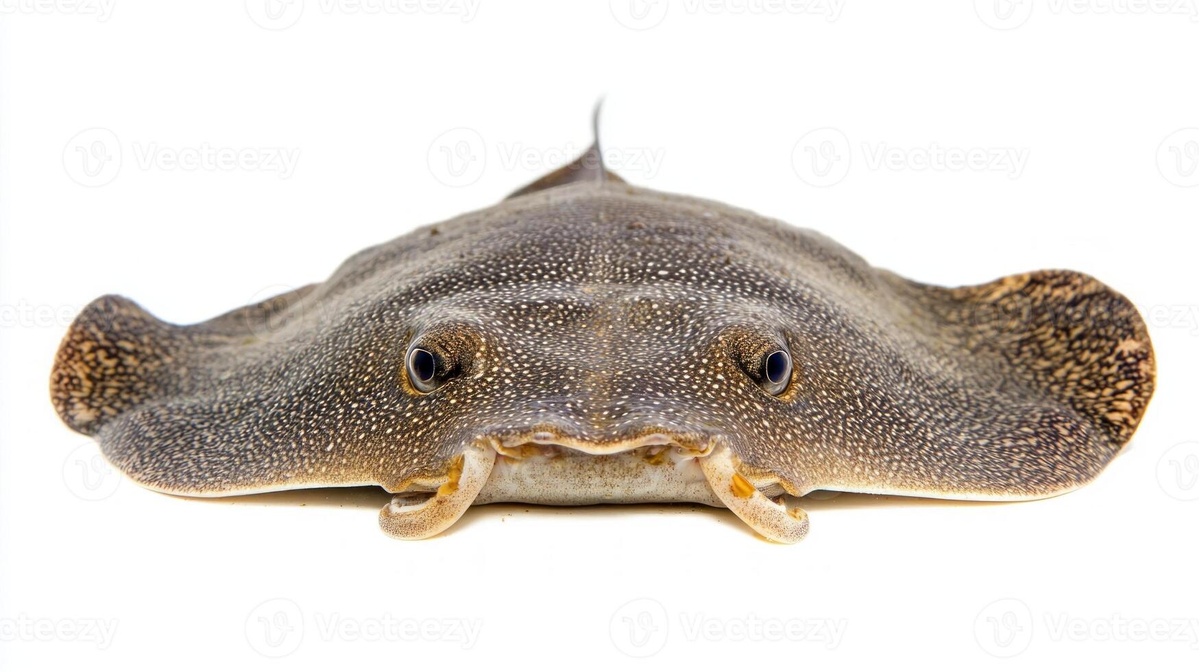 electric ray rests on a pure white surface highlighting its distinctive shape and texture. The image captures the intricate patterns and features of this fascinating marine creature. photo
