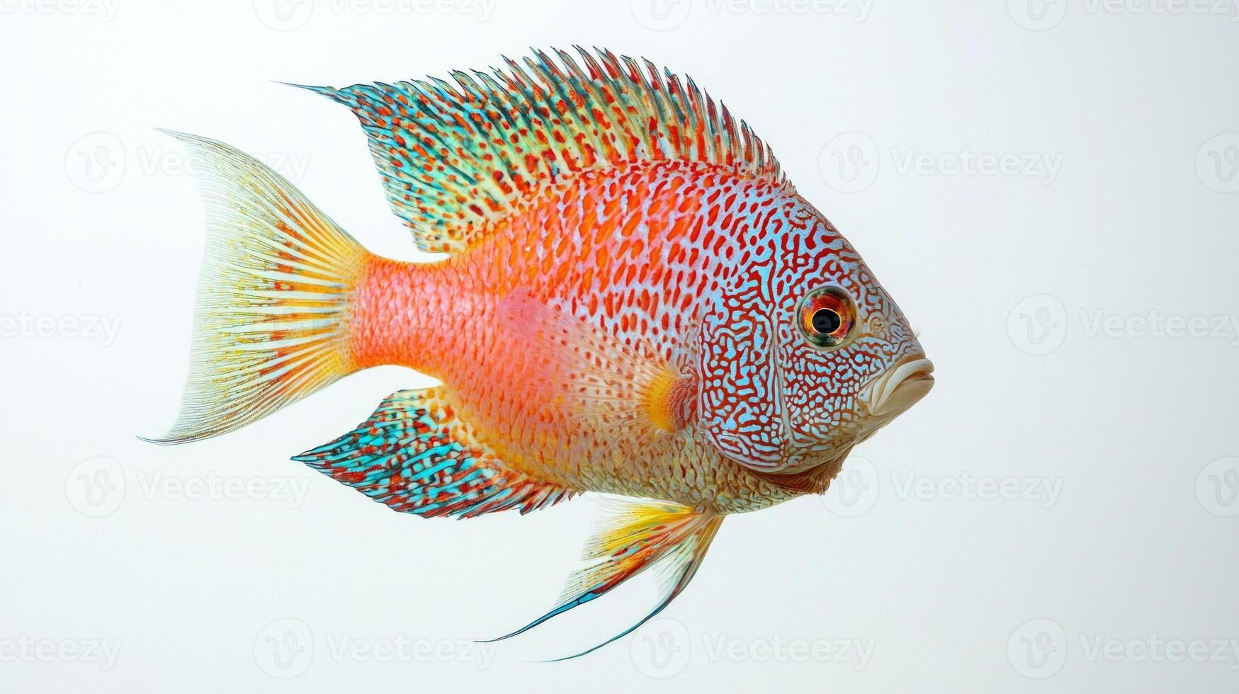 Flowerhorn Cichlid hybrid showcases its vivid colors and striking patterns while gliding through water creating a captivating aquatic moment. photo