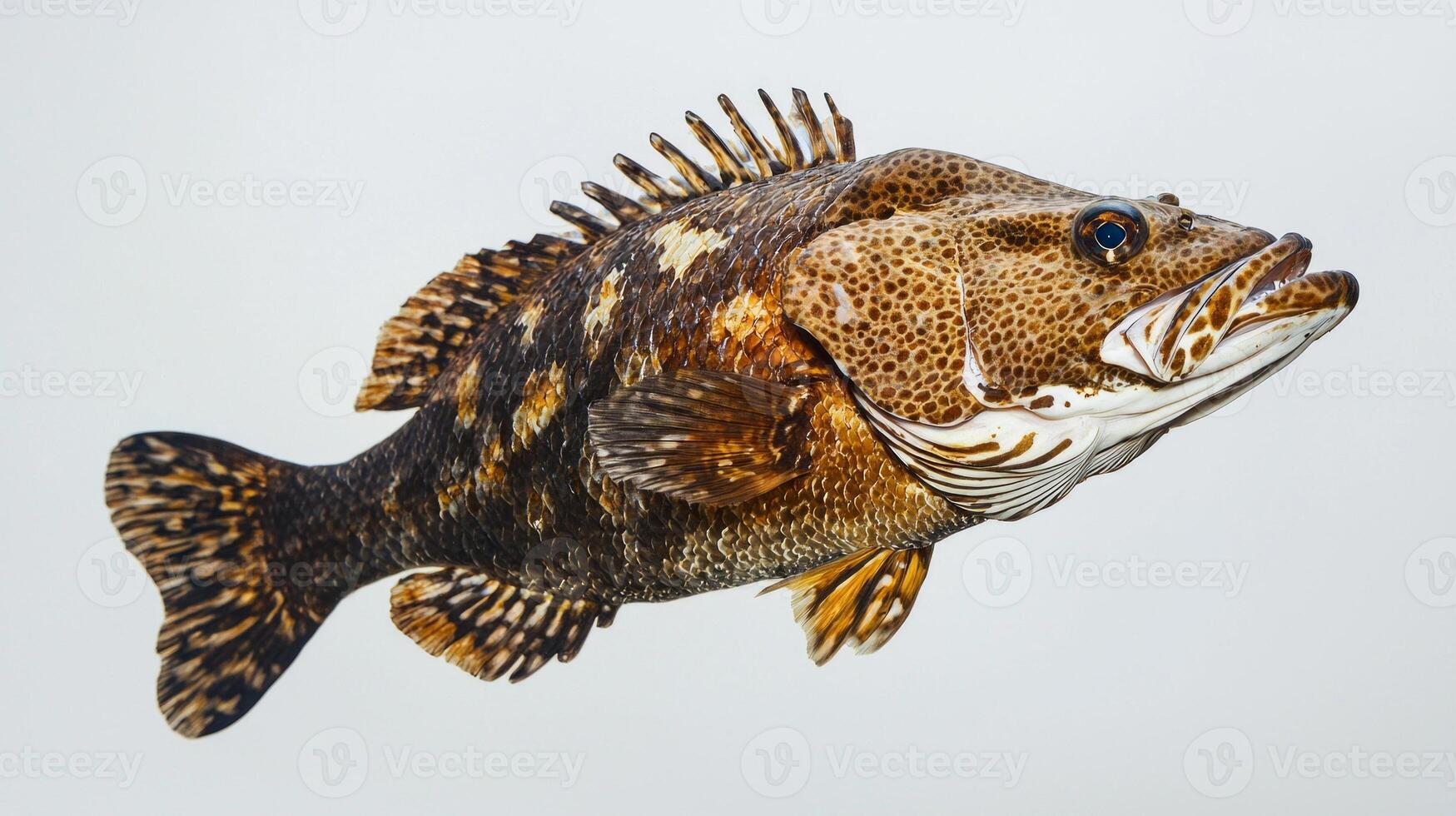grouper from the Epinephelinae family displays its vibrant colors and unique patterns while swimming against a plain white backdrop highlighting its beauty. photo