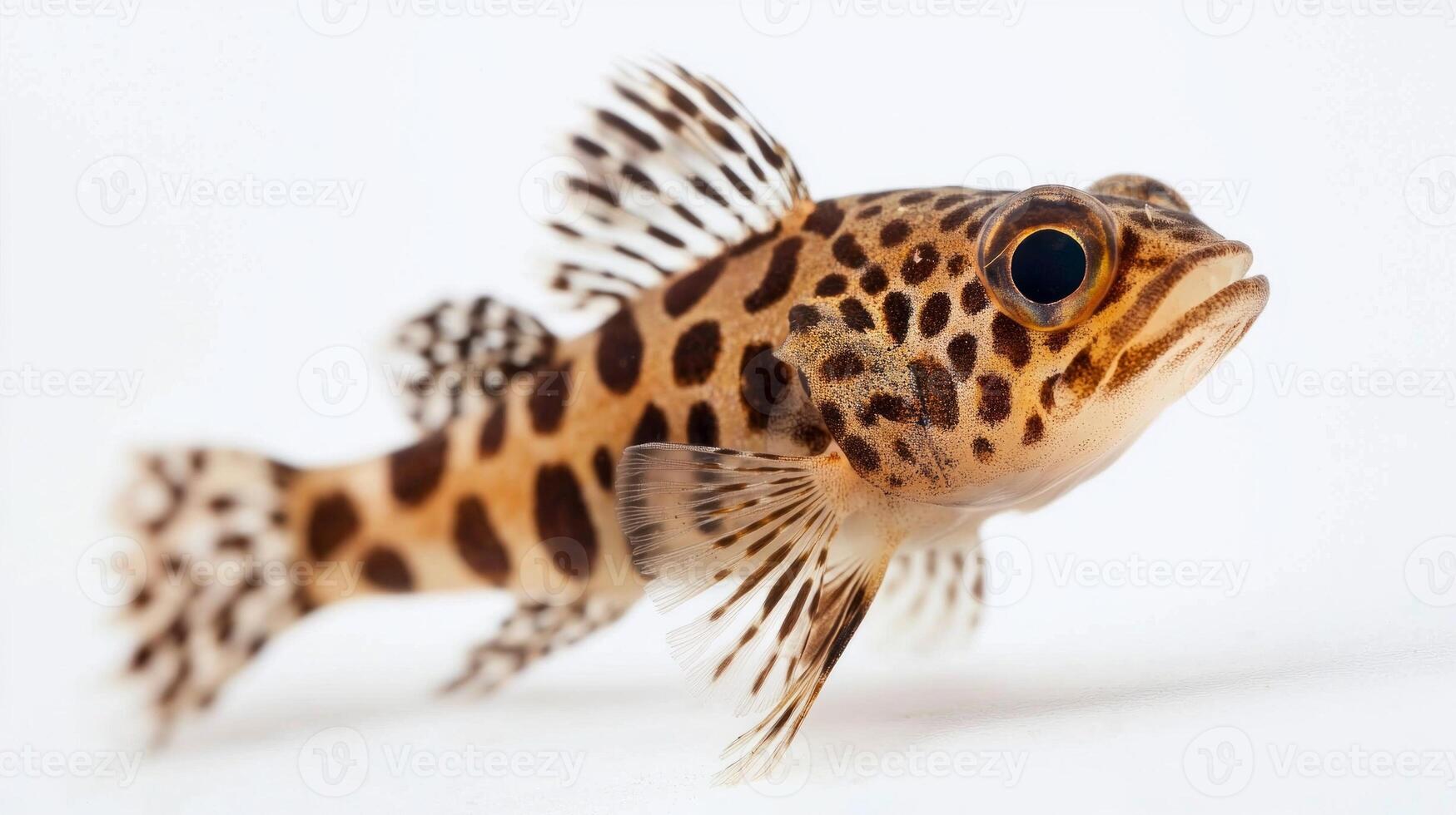 Leopard Bushfish known for its distinct markings swims gracefully against a clean white backdrop highlighting its vibrant colors and unique features. photo