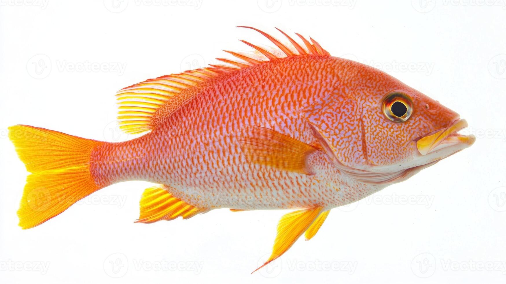 striking Vermilion Snapper displays its vivid hues while positioned on a clean white surface highlighting its natural beauty and unique features. photo