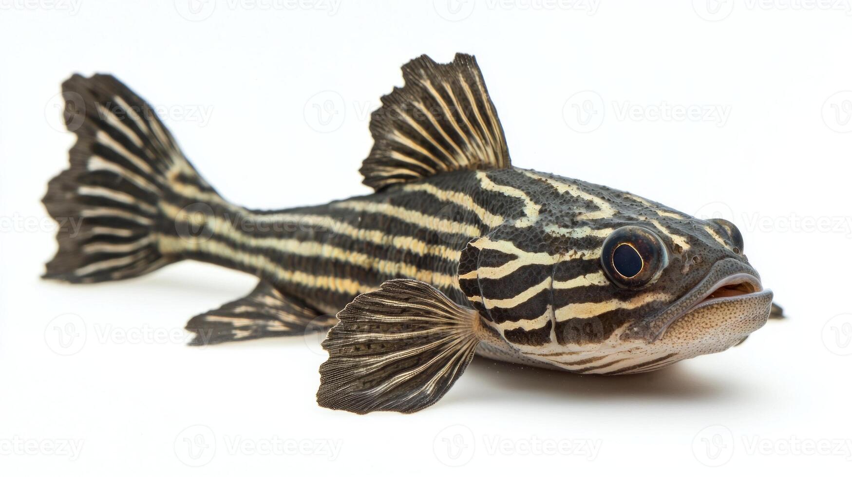 Zebra Pleco known for distinct black and white stripes rests comfortably on a clean white surface highlighting its unique aquatic features and vibrant colors. photo