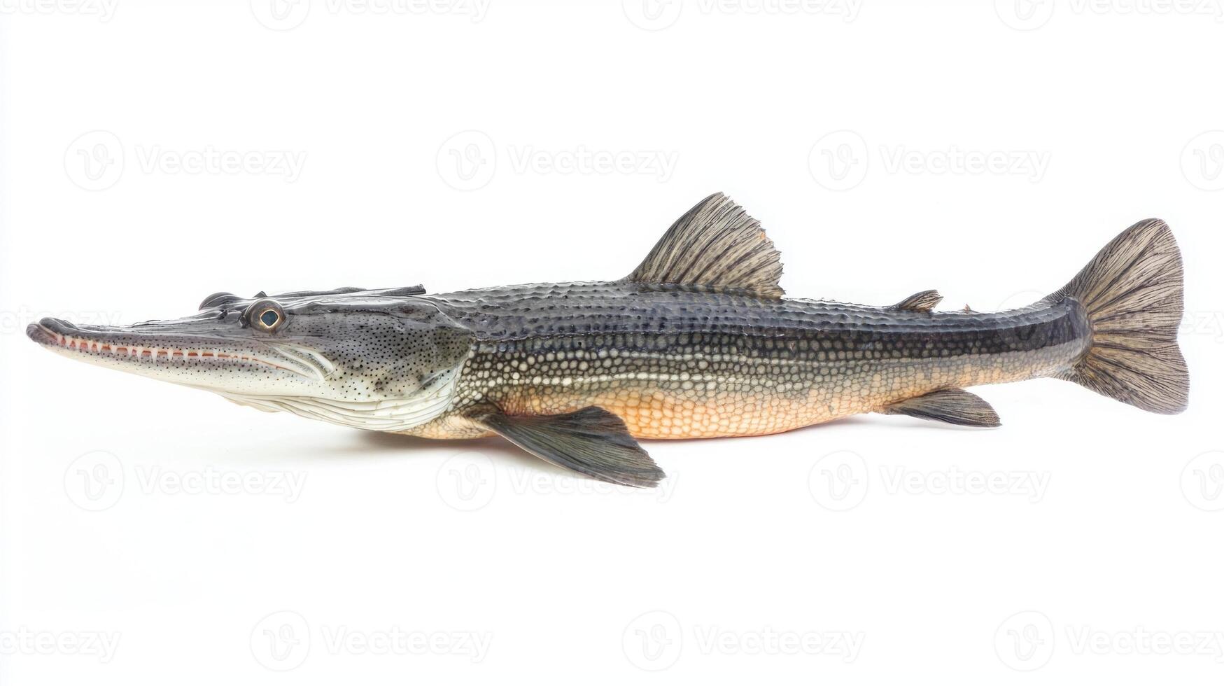 alligator gar a large freshwater fish displays its elongated body and distinctive snout. Captured in sharp detail this specimen highlights its striking coloration and scales. photo