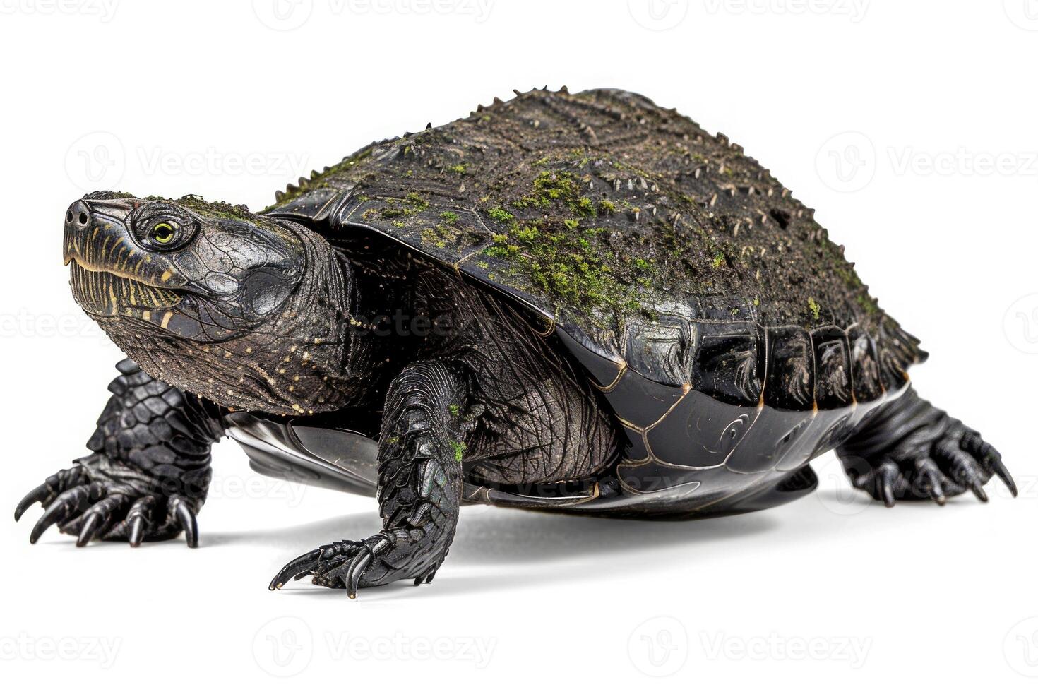 African Helmeted Turtle stands isolated on a white background highlighting its unique shell and textured skin. Soft shadows enhance its striking appearance and details. photo