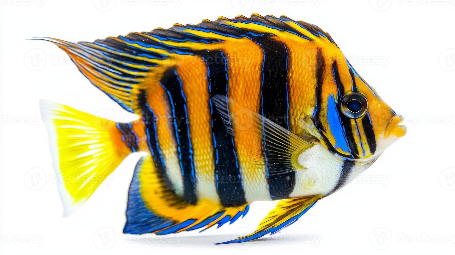 Regal Angelfish known for its vibrant colors and distinct pattern glides elegantly across a white background highlighting its beauty and unique features. photo