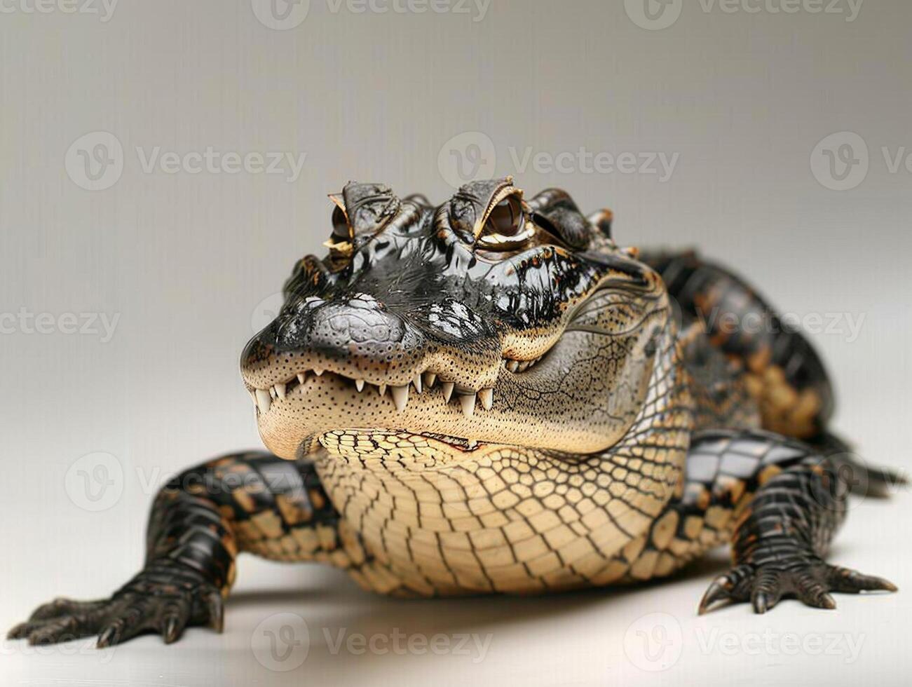 American Alligator exhibits its rough skin and sharp teeth while lying down. The dramatic side lighting highlights its features against a pure white background. photo