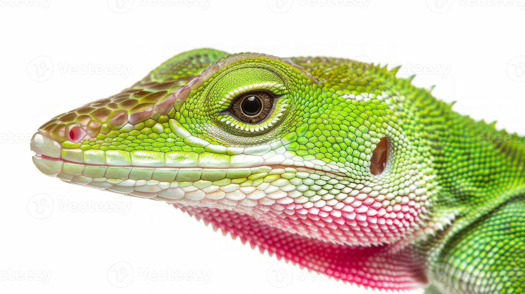 green anole lizard is perched gracefully displaying its colorful pink dewlap. This high key lighting emphasizes its bright scales and intricate details creating a striking portrait. photo