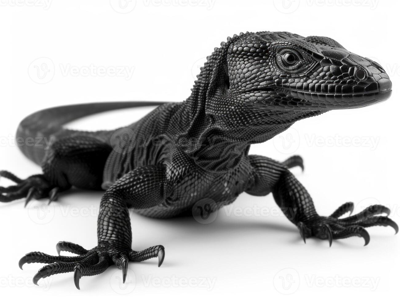 striking Black Tree Monitor lizard with sleek black scales is climbing elegantly bright white surface revealing its unique texture and form through macro details. photo