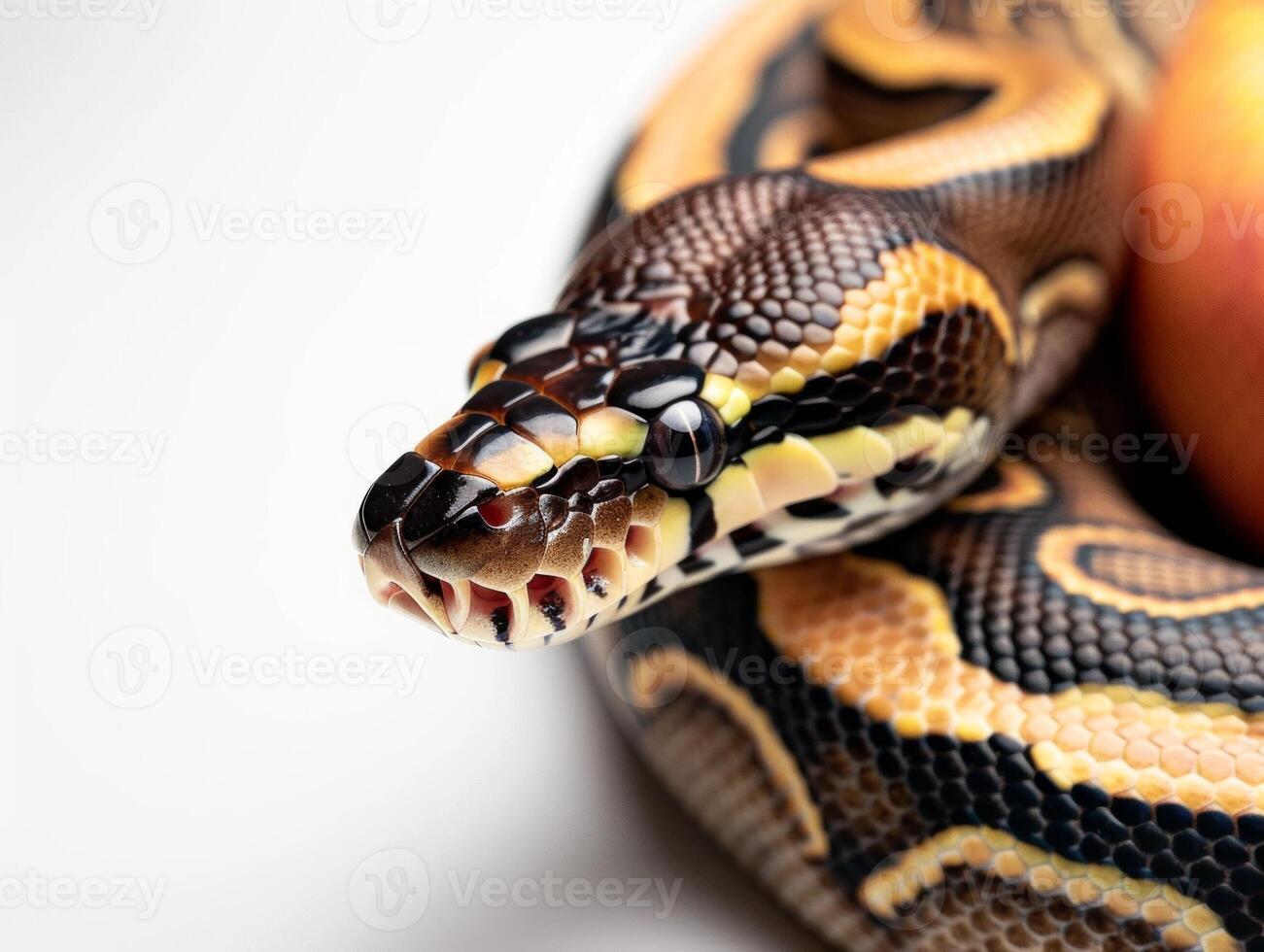 This striking specimen features a dark head and unique patterned body coiled gracefully against a bright white background showcasing its natural beauty and detail. photo